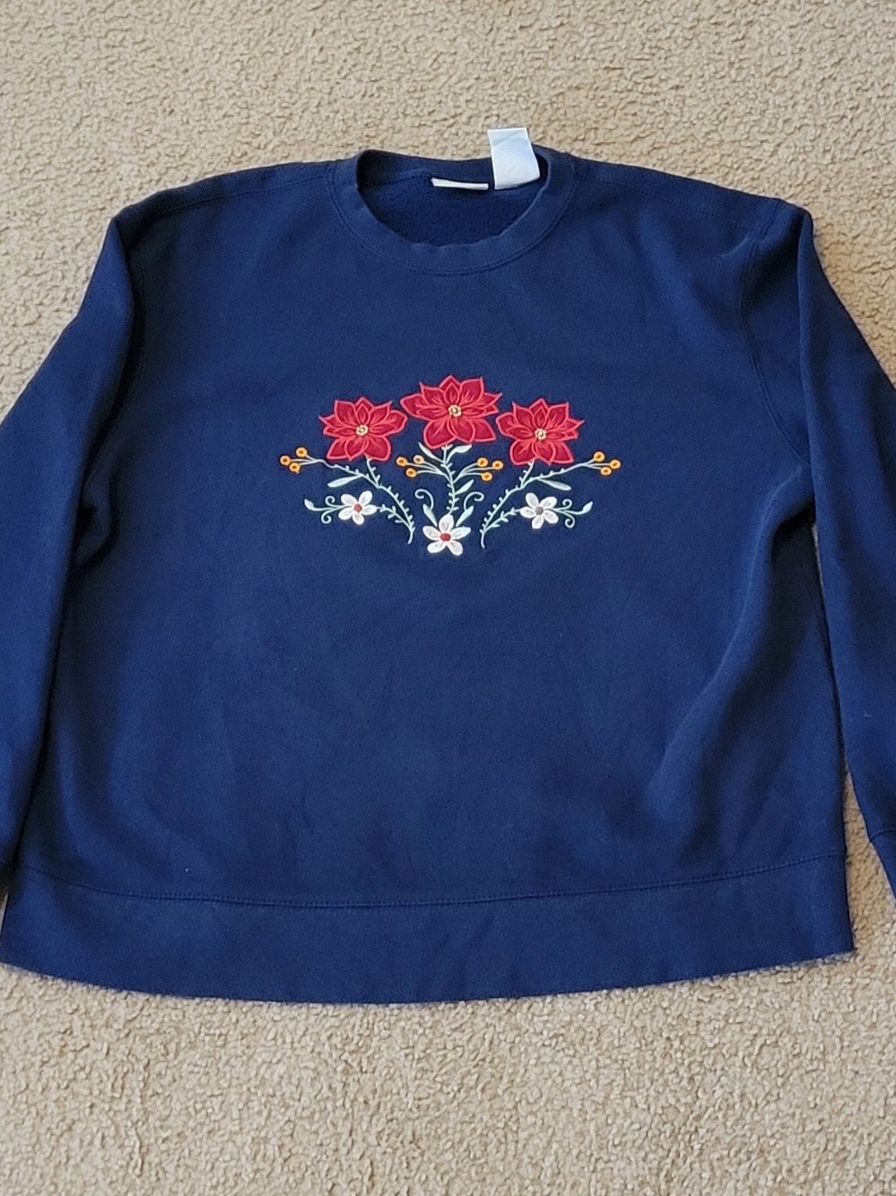 Classic Elements Navy Crewneck Sweater with Red Floral Embroidery